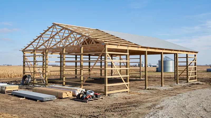 Pole barn frame under construction in Iowa
