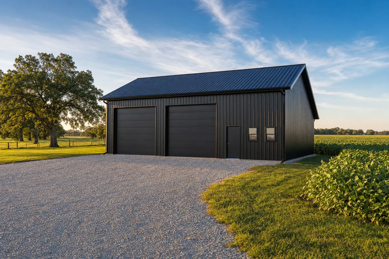 Large modern black post-frame pole barn with two overhead garage doors in Iowa farmland at golden hour
