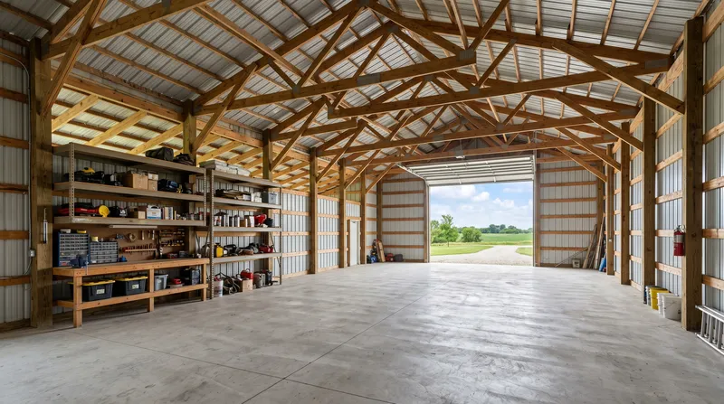 Interior of a pole barn showing post and truss structure